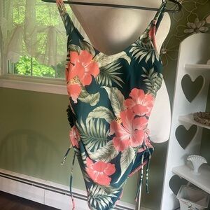 Kona Sol One Piece Swimsuit Green and Pink Tropical Design L